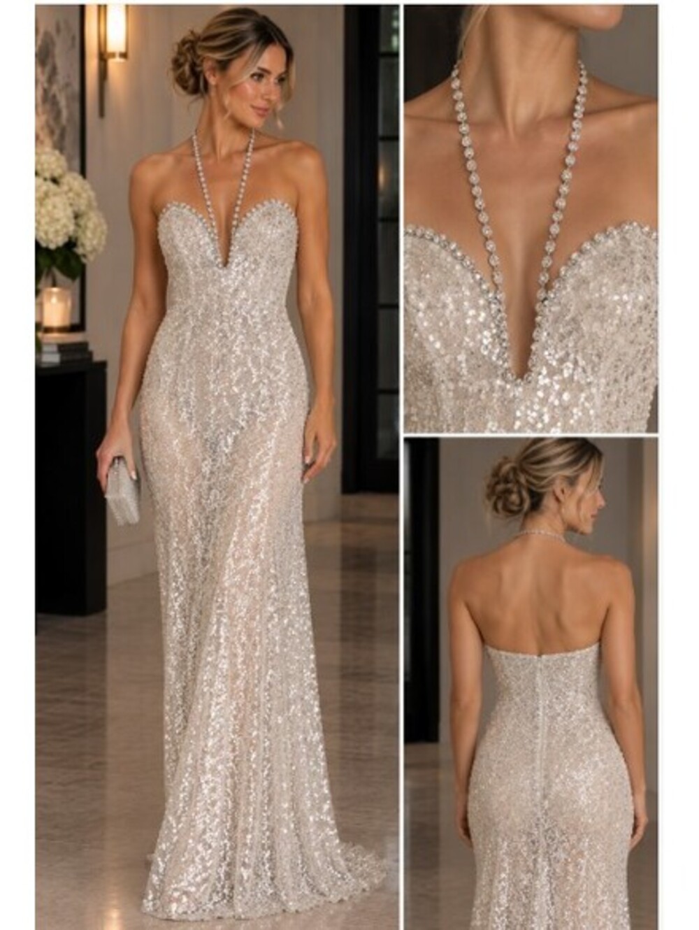 Elegant White Clear Sequin Evening Gown with Rhinestone Size M 8-10 Bling Dress